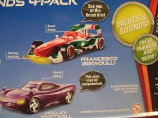   EXCLUSIVE 4 Pack LIGHTS & SOUNDS Cars NEW McQueen Finn Holley  