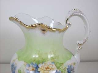 Vintage Chic Hand Painted Porcelain Pitcher Shabby Blue and Green Gold 