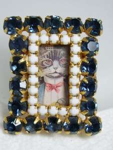   RENZA Milk Glass & Rhinestone Artisan Created Picture Frame Cat Brooch