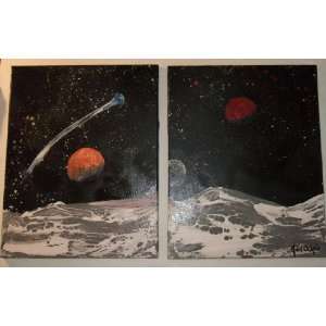  ART GALLERY PRESENTS AN OUTER SPACE MODERN ART DIPTYCH PAINTING 