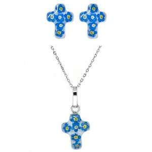 Sterling Silver Pressed Flower Cross Earrings and Matching Pendant Set 