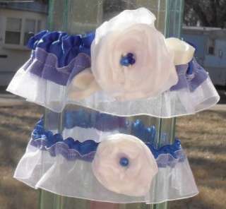 Something Blue Royal Blue and White Garter Set with White Flowers 