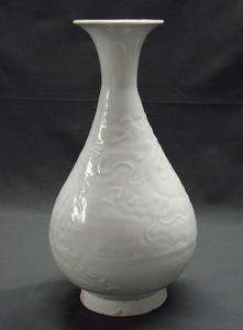 Chinese Yuan/Ming White Glazed Carved Dragon Vase  
