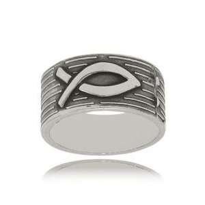  Sterling Silver Ichthus Fish Ring   Wide Band Design 
