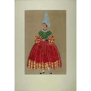 1929 Pochoir Breton Woman Costume Lace Coiffe Brittany   Orig. Print 