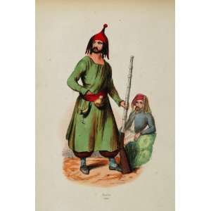 1845 Print Costume Folk Kurd Kurdish Man Rifle Gun   Hand Colored 