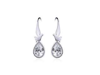   White Enamel Bird Dove Crystal Harmony Teardrop Stone Earrings  