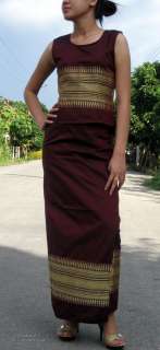 Formal Thai Silk Outfit   Open Collar Maroon Brown sz S  