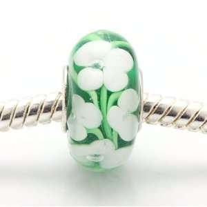 Bleek2sheek Murano Glass White Flower and Green Charm Beads (Set of 2 