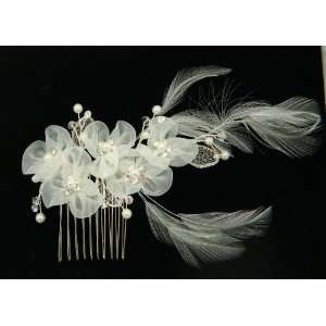   Swarovski Crystals With Silk Flowers and White Feather Hair comb 4374