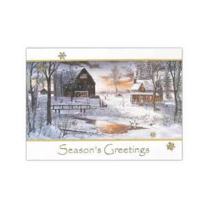   Holiday greeting card with a farm in winter design.