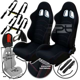   RED STITCH BLACK CANVAS RACING BUCKET SEATS+SLIDERS+4PT BUCKLE BELTS
