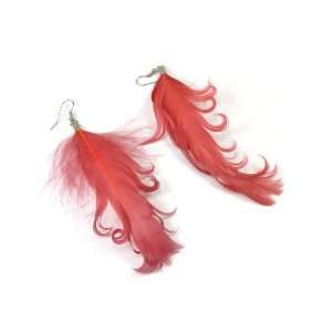  Curled Salmon Red Feather Dangle Earrings, 4  Jewelry