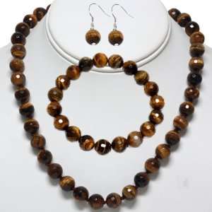 10mm Tiger Eye Brown Color Cross Cut Bead Necklace Bracelet and 