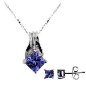   Silver Simulated Tanzanite cz Pendant and Stud Earrings Set Jewelry