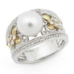  White Sapphire and White Akoya Pearl Floral Crown Ring in 