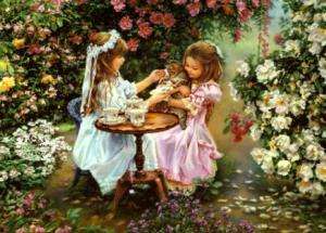 Tea With Kitty by Sandra Kuck Signed Two Little Girls  