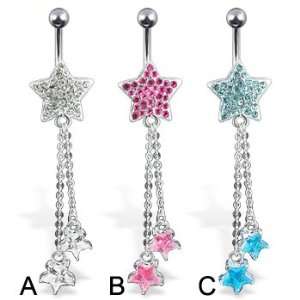  Jeweled star with dangles belly button ring, pink   B 