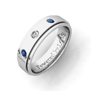 Engraved Mens 3 Stone Sapphire Diamond Wedding Band Comfort Fit in 