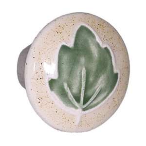   Forged Small Round Ceramic Knob Tan w/ Green Leaf Cabinet Knob (PRAYP