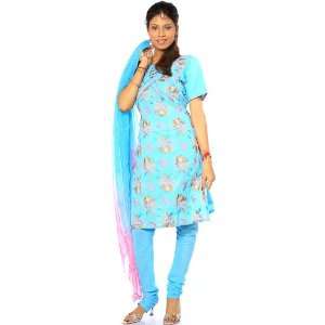  Sky Blue Salwar Kameez with All Over Floral Embroidery and 
