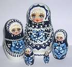 Russian Wooden Cobalt Blue Nesting Dolls Set of 5 4.5