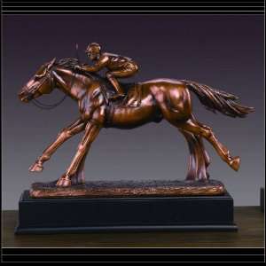 Bronze Racehorse & Jockey Sculpture   10.5 Tall x 13 Wide   Woodtone 