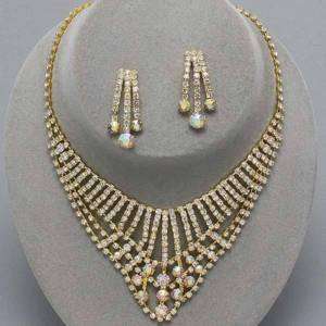 Gold Stick Clear AB Rhinestone Earrings Necklace Set  