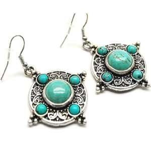   Vintage Victorian Style Shield Earrings with Genuine Turquoise