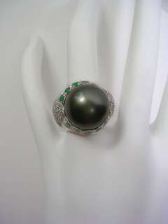 TAHITIAN BLACK PEARL DIAMOND & EMERALD RING 18K WHITE GOLD ~ GORGEOUS 