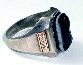 Vintage Art Deco Era Sterling Silver & 10K Rose Gold Cameo Mans Ring 