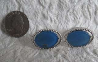 Vintage Pair Swank Silvertone Oval Blue Stone Cufflinks  