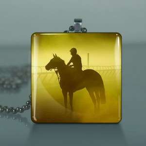 Horse Jockey Race Track Glass Tile Necklace Pendant b93  
