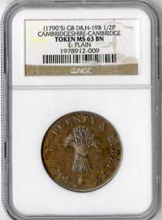 GB D&H 19B 1/2P Cambridge Token 1790 NGC MS63 BN  