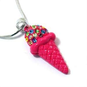 Pink Ice Cream Cone Necklace Pendant Jewelry Womens Ladies Gift 115 