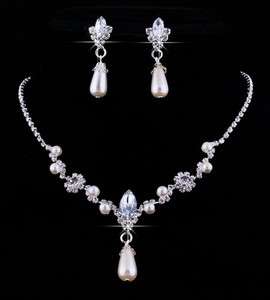 Imitate Pearl Czech Rhinestone Acrylic Crystal Bead Necklace Earring 