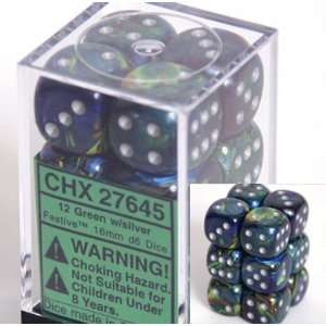  Festive 16mm d6 Green/silver Dice Block 12 pipped dice 
