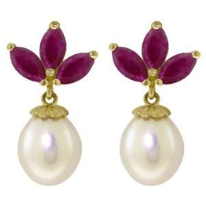  14k Solid Gold Freshwater Pearl Earrings with Rubies 