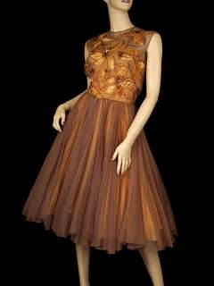 Vintage Brown Silk Chiffon Beaded Cocktail Dress 1950S  