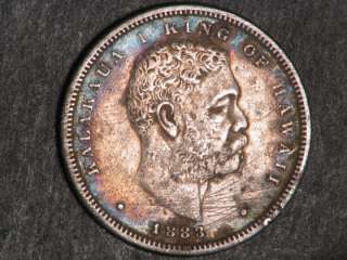 HAWAII 1883 1/2 Dollar King Kalakaua Silver VF+, original toning, rim 
