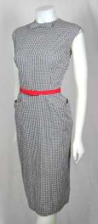 VTG 50s 60s B&W COTTON GINGHAM WIGGLE SUMMER DRESS w POCKETS & BOW 