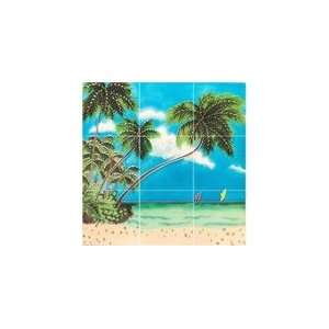  Palm Tree with Sail Boat Mosaic Ceramic Wall Art Tile, 9 