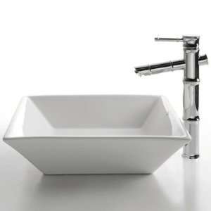 Kraus C KCV 125 1300CH White Square Ceramic Sink and Bamboo Faucet 
