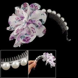  Chiffon Flower Faux Pearl Decor White Plastic Hair Comb Clip Beauty