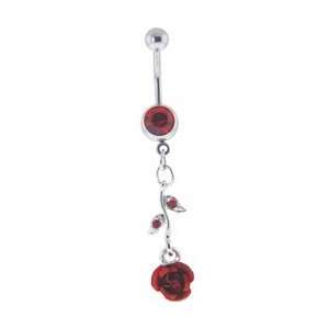  Red Long Stem Rose Gem Dangle Belly Ring Jewelry