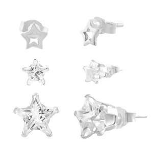   Silver Cubic Zirconia Star shaped Stud Earrings (Set of 3) Jewelry