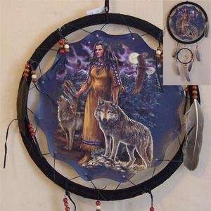 13in Indian Woman Wolves Dream Catcher Reproduction 
