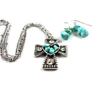 Crux Antiqued Cross with Heart in Middle Necklace and Earrings Set 