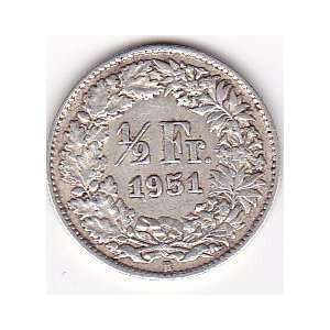 1951 Switzerland 1/2 Franc Coin   Silver Content 83,5% 