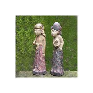  Wood statuettes, Happy Family (pair)